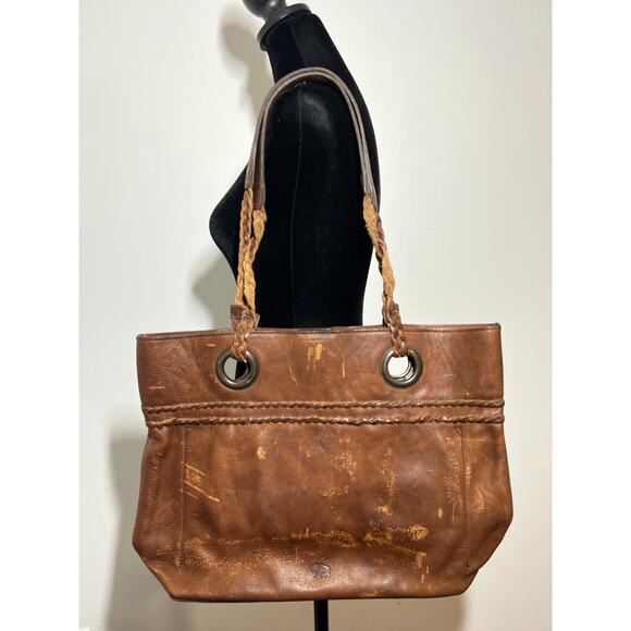 Buffalo Jackson Brown Distressed Weathered Leather Braided Strap Tote Bag Purse - Picture 1 of 7
